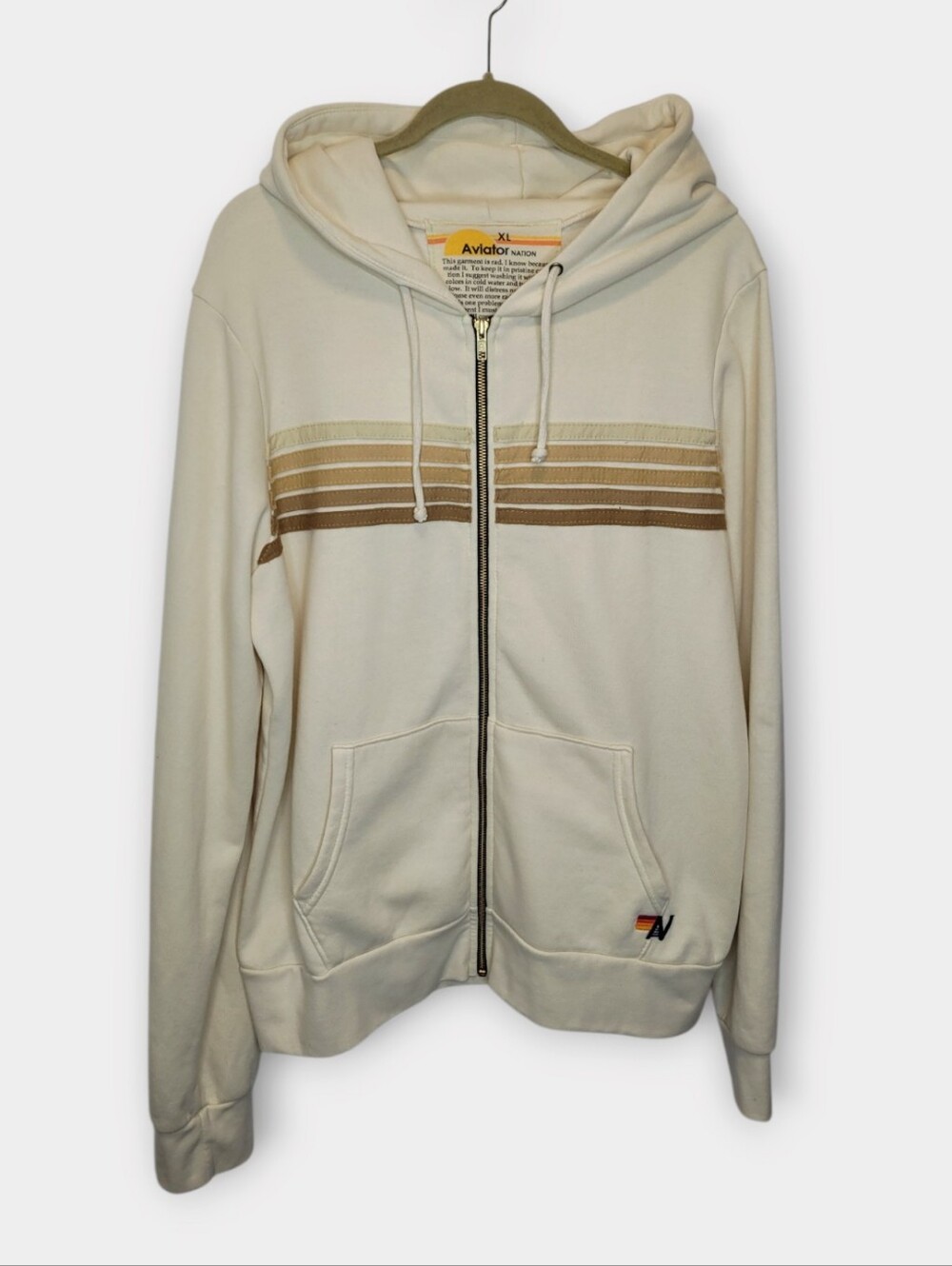 Aviator Nation 5 Stripe Zip Up Hoodie XL Vintage White Brown